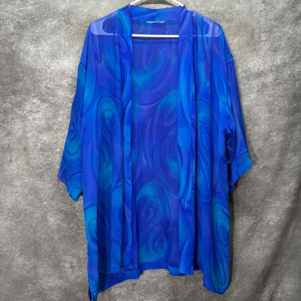 Simply Silk Sheer Chiffon Kimono Topper One Size Blue Swirl Print Artsy Boho